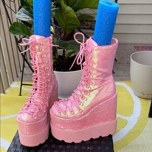 Dolls Kill Pink Iridescent Heeled Boots